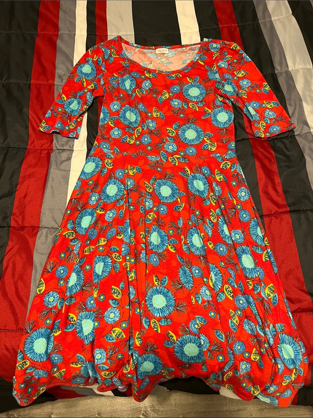 LuLaRoe Red Floral Fit & Flare Dress with Blue Flowers